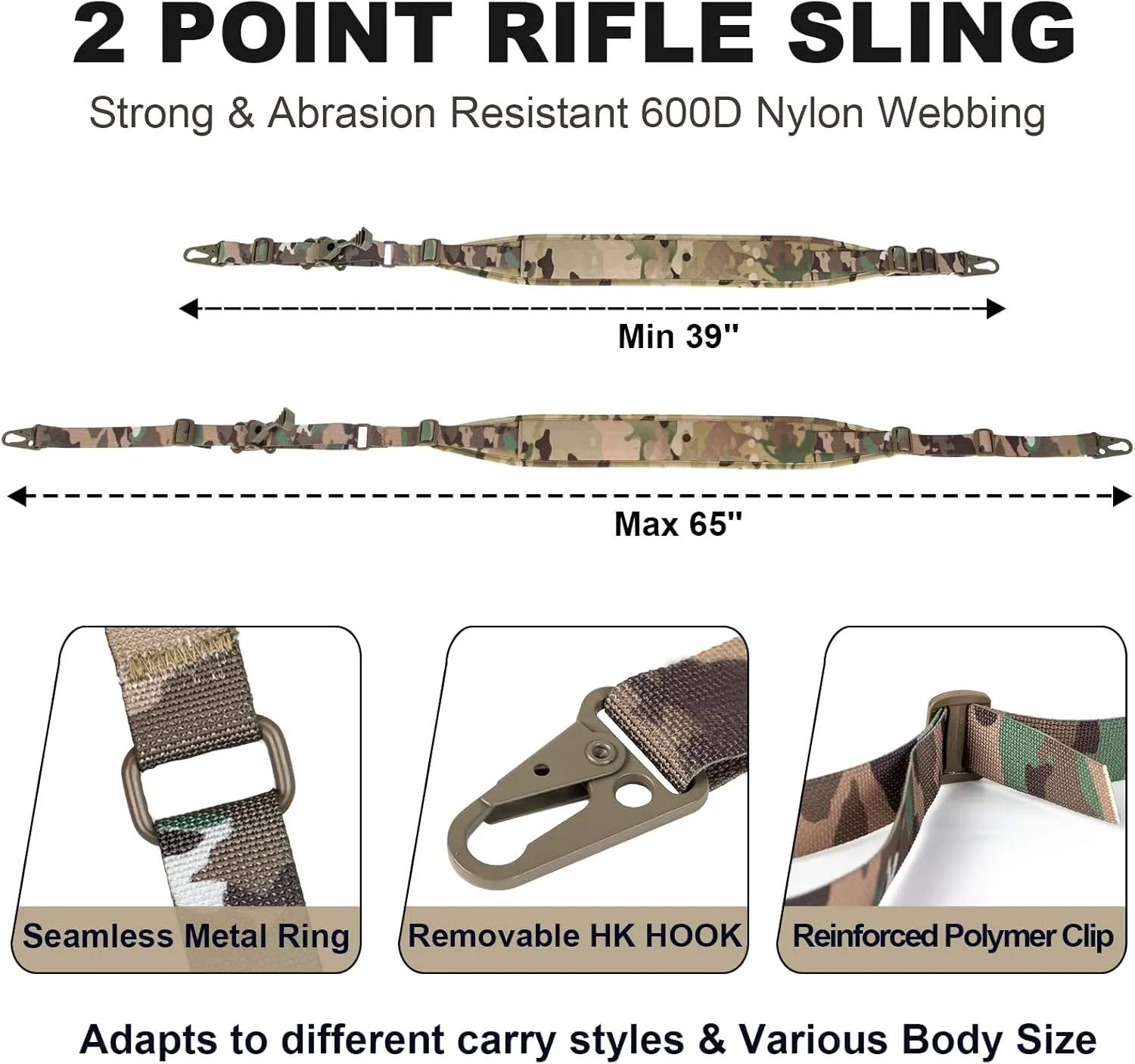 2 Point Rifle Sling, QD Swivel Quick Adjust Gun Sling with HK Hook, Soft Shoulder Padded Tactical QD Sling for Rifle, Shotgun, and Crossbow, Camera, Tool Kits, Bags, Hunting and Outdoor Sports