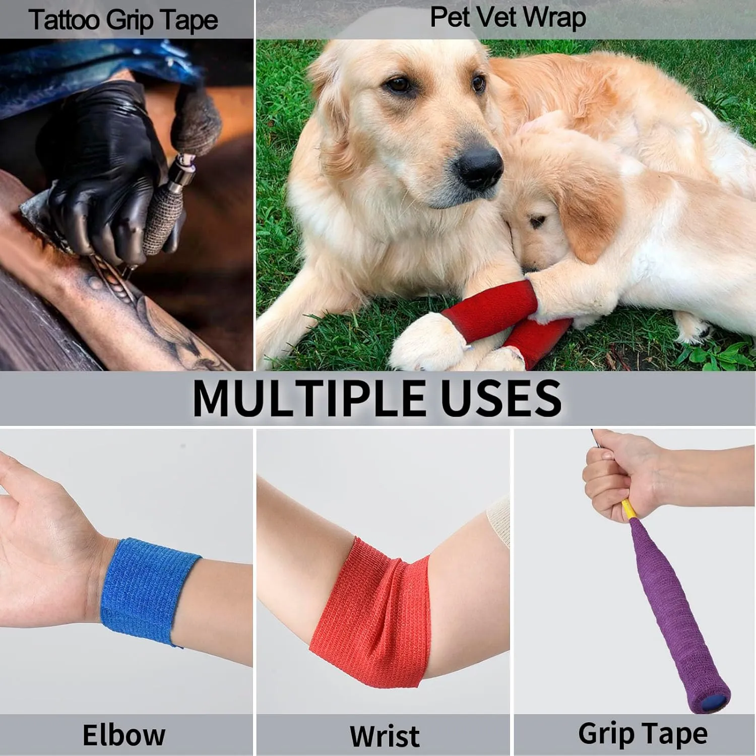 24 Pack Self Adherent Cohesive Wrap Bandages Non Woven Cohesive Bandage Elastic Self Adhesive Bandage Wrap Sports Athletic Tape First Aid Tape for Wrist Ankle Pet Vet Wrap Grip Cover 2 inch (Black)