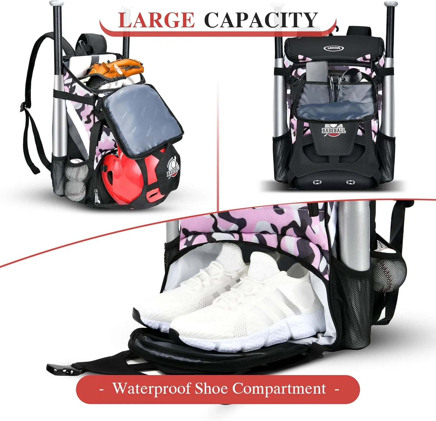 Baseball Backpack for Adult and Youth, Large Capacity Lightweight Softball Bag With Shoe Compartment and Fence Hook for TBall Bat & Equipment, Waterproof for Helmet, Gloves