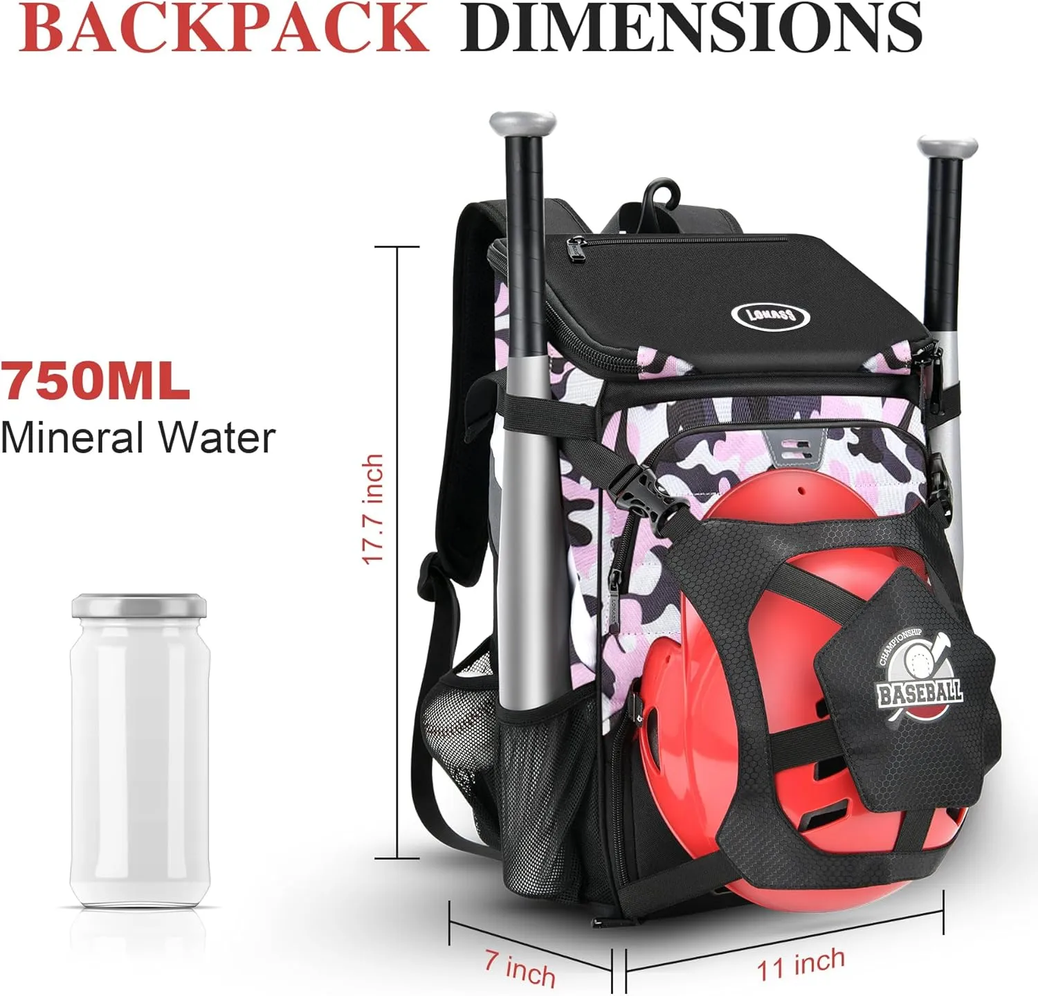 Baseball Backpack for Adult and Youth, Large Capacity Lightweight Softball Bag With Shoe Compartment and Fence Hook for TBall Bat & Equipment, Waterproof for Helmet, Gloves