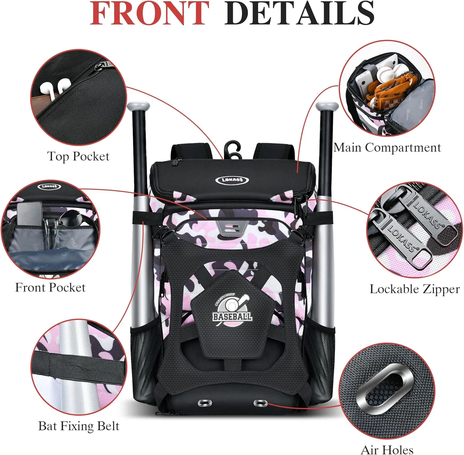 Baseball Backpack for Adult and Youth, Large Capacity Lightweight Softball Bag With Shoe Compartment and Fence Hook for TBall Bat & Equipment, Waterproof for Helmet, Gloves