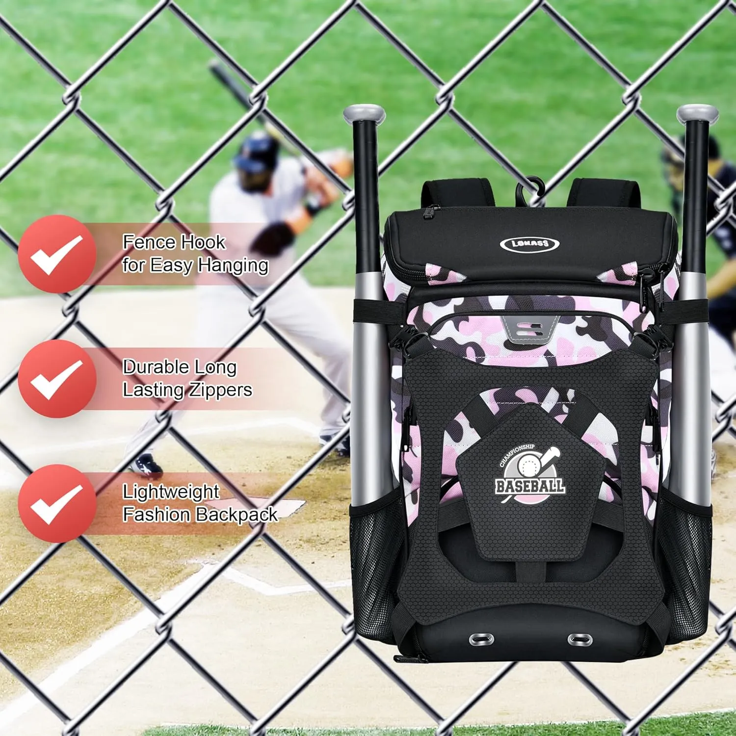 Baseball Backpack for Adult and Youth, Large Capacity Lightweight Softball Bag With Shoe Compartment and Fence Hook for TBall Bat & Equipment, Waterproof for Helmet, Gloves