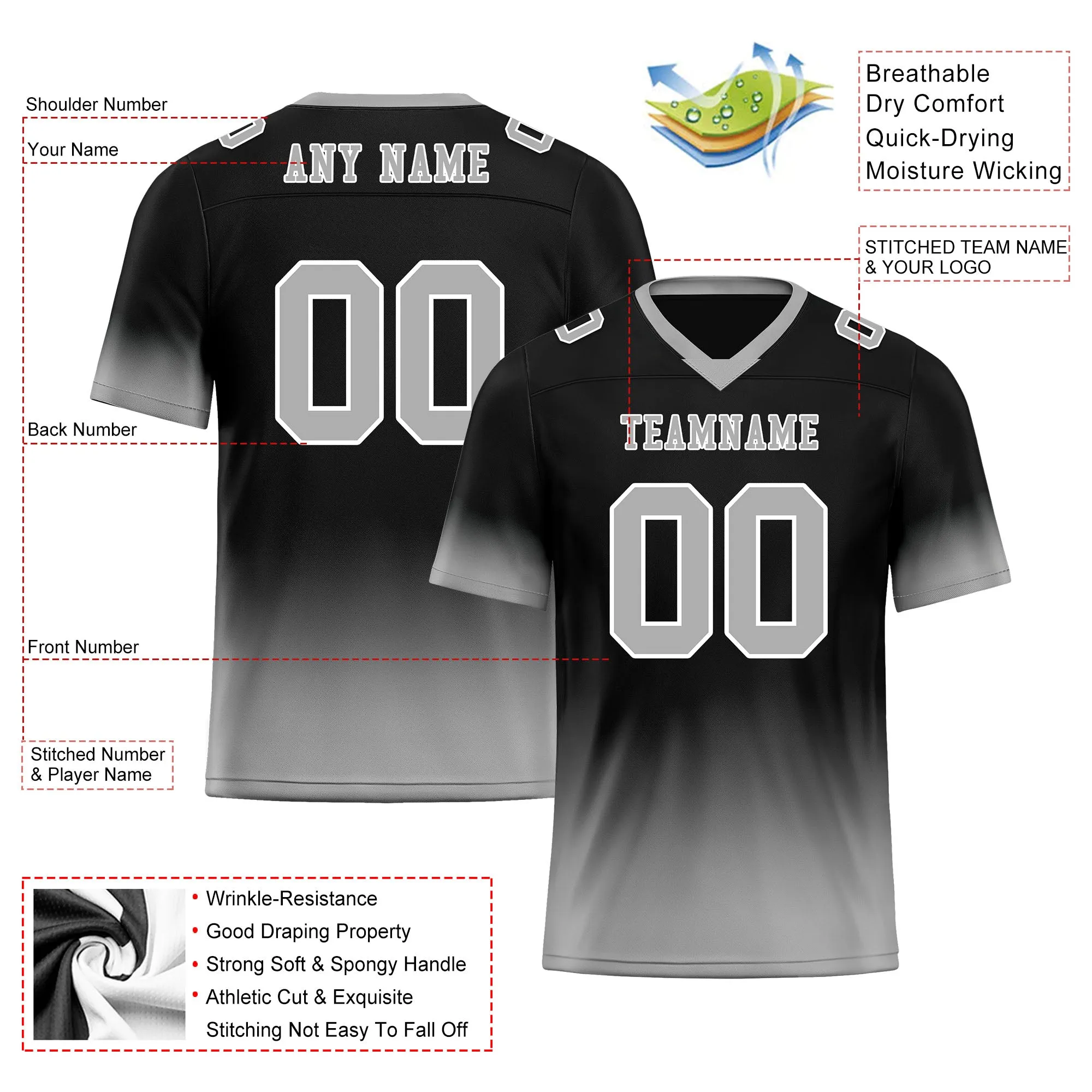 Custom Gray Black Fade Fashion Personalized Authentic Football Jersey FBJ02-D06083