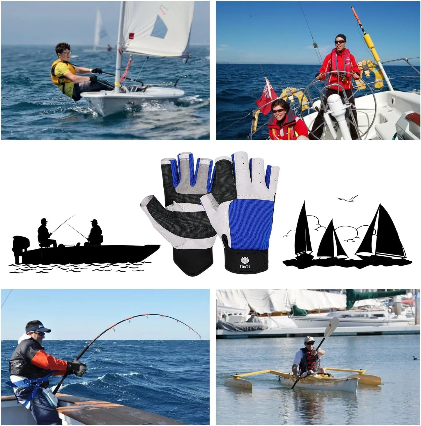 FitsT4 Sports Sailing Gloves 3/4 Finger and Grip Great for Sailing, Yachting, Paddling, Kayaking, Fishing, Dinghying Water Sports for Men and Women