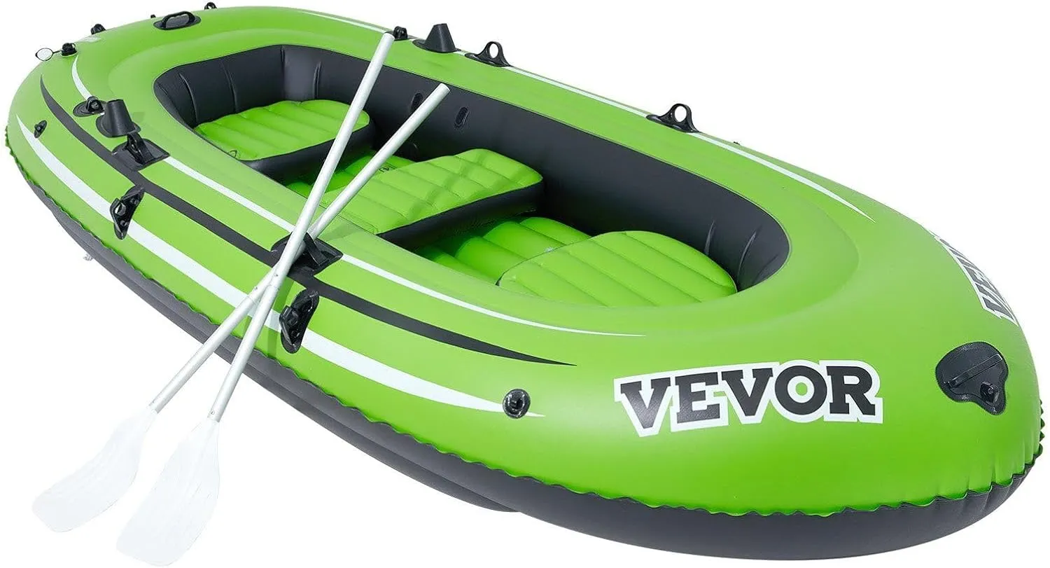 Inflatable Boat, 3-Person Inflatable Fishing Boat, Strong PVC Portable Boat Raft Kayak,45.6"Aluminum Oars,High-Output Pump,Fishing Rod Holders,and 2 Seats,1100lb Capacity compatible with Adults, Kids