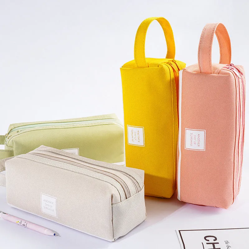 Large Capacity Portable Pencil Case Double-Layer Canvas Multi-Functional Solid Color Pencil Box