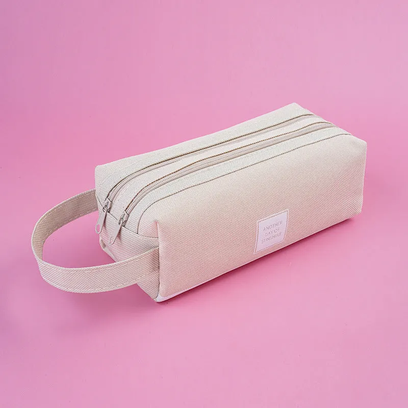 Large Capacity Portable Pencil Case Double-Layer Canvas Multi-Functional Solid Color Pencil Box