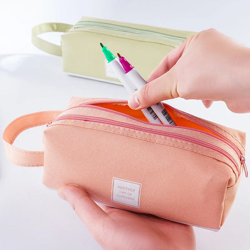 Large Capacity Portable Pencil Case Double-Layer Canvas Multi-Functional Solid Color Pencil Box