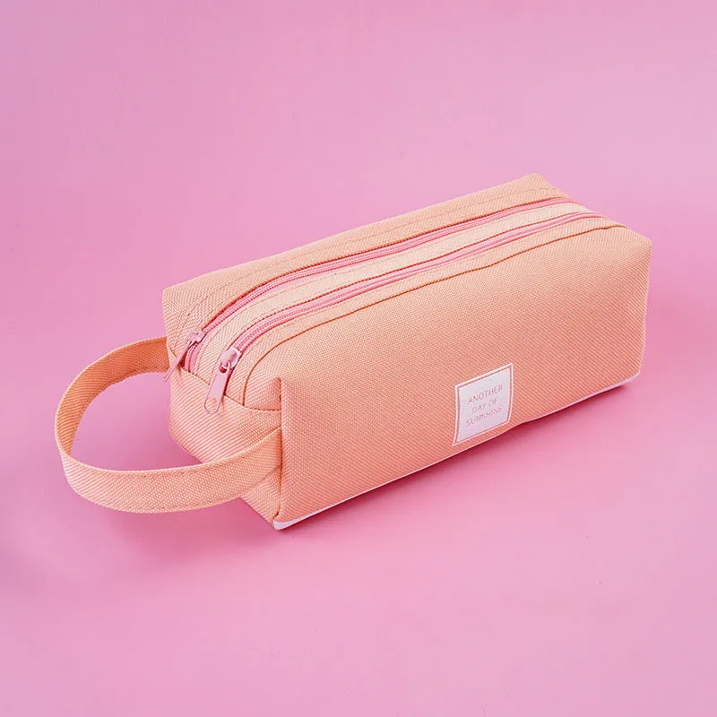 Large Capacity Portable Pencil Case Double-Layer Canvas Multi-Functional Solid Color Pencil Box