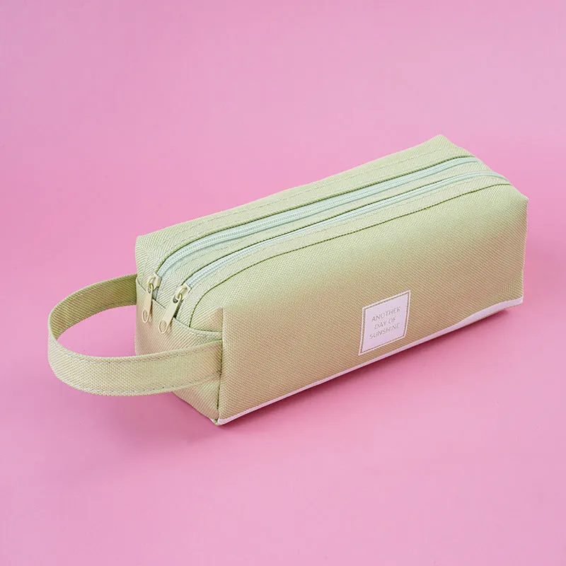 Large Capacity Portable Pencil Case Double-Layer Canvas Multi-Functional Solid Color Pencil Box