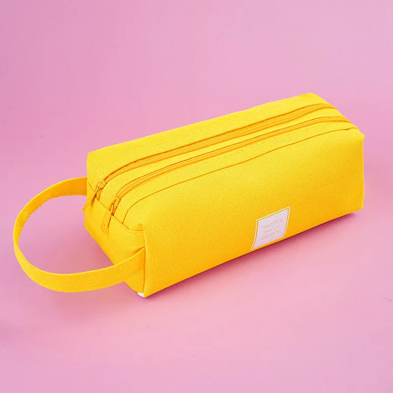 Large Capacity Portable Pencil Case Double-Layer Canvas Multi-Functional Solid Color Pencil Box