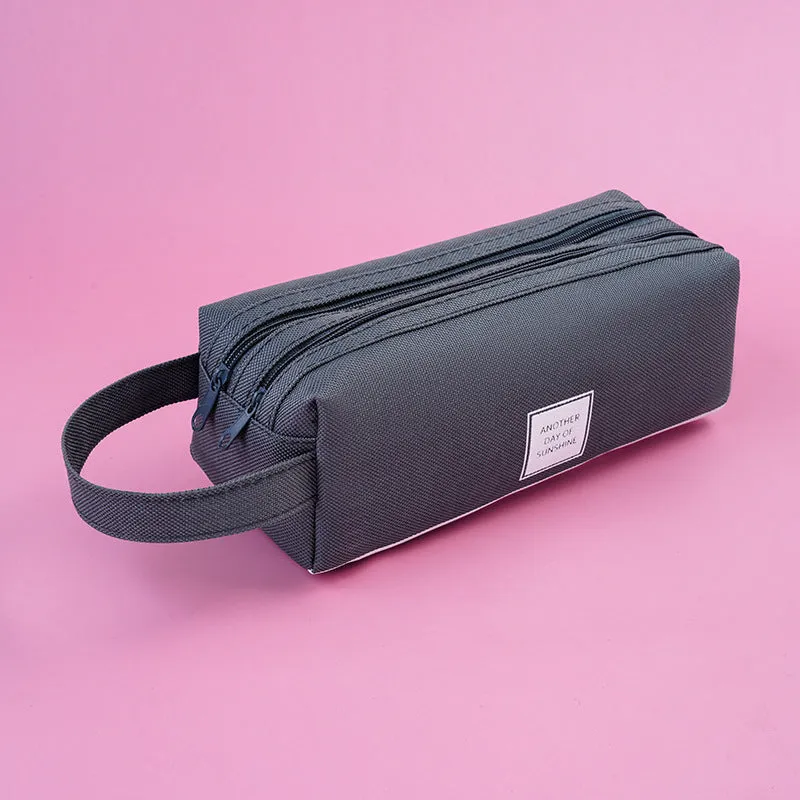 Large Capacity Portable Pencil Case Double-Layer Canvas Multi-Functional Solid Color Pencil Box
