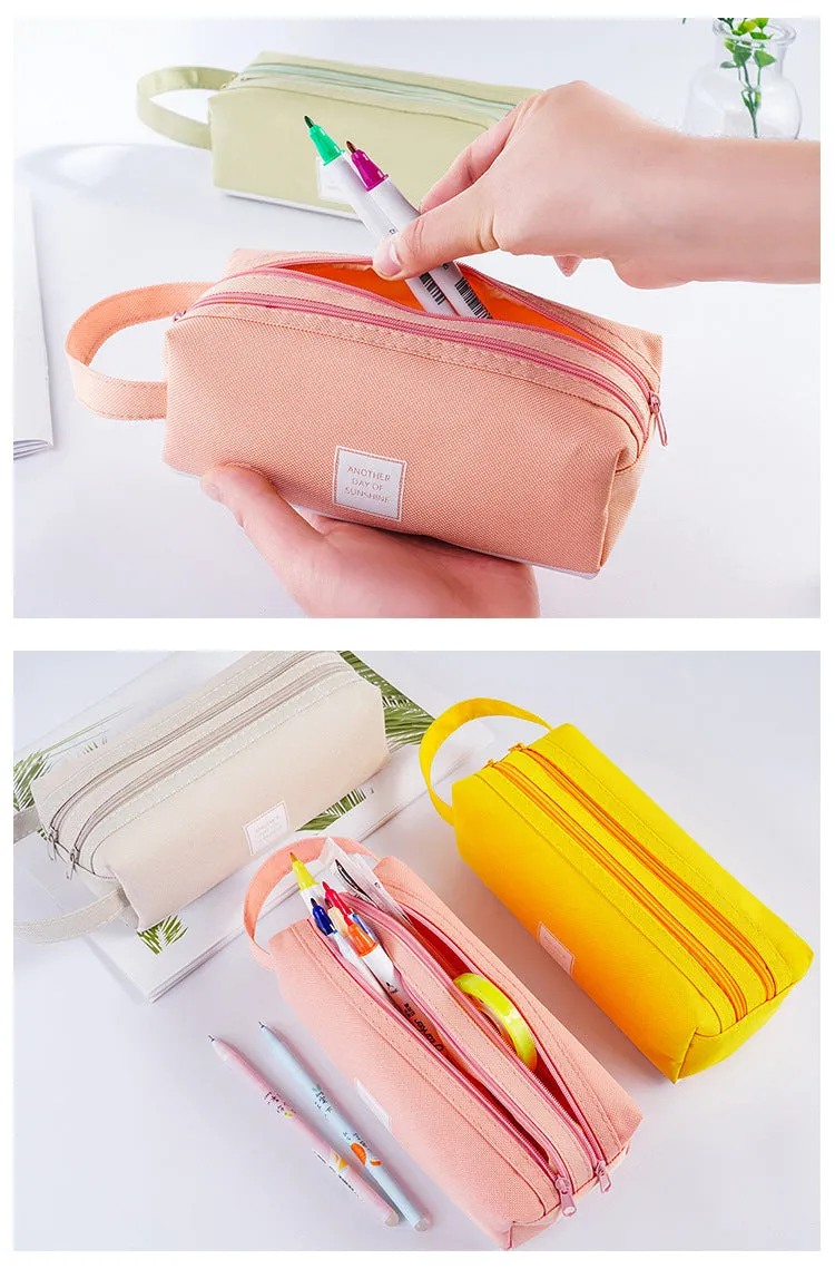 Large Capacity Portable Pencil Case Double-Layer Canvas Multi-Functional Solid Color Pencil Box