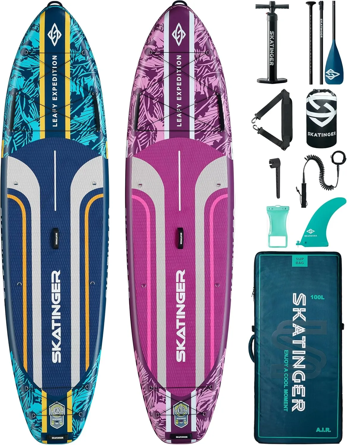 Leafy Purple & Blue Bundle11'6"x35" Super Wide Inflatable Stand Up Paddle Boards, All Accessories2, 100L Backpack, Shoulder Strap, US Center fin, 2-Action Pump