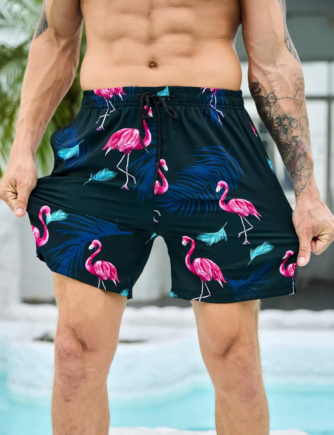 Mens Swim Trunks with Compression Liner Bathing Suits 2 Pack Quick Dry Stretch Beach Shorts 7 inch Inseam Swimwear