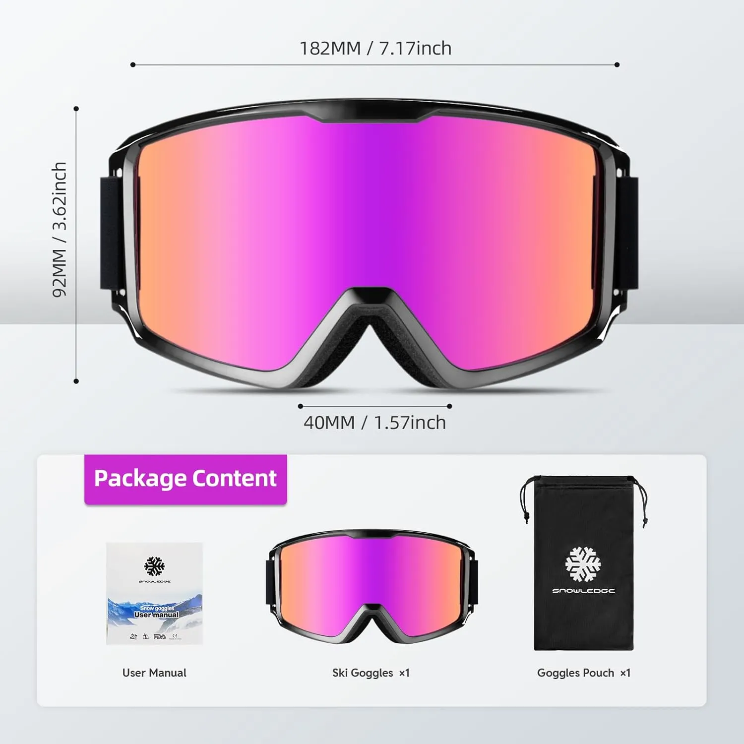 Ski/Snowboard Goggles for Men, Women & Youth -OTG 100% UV Protection