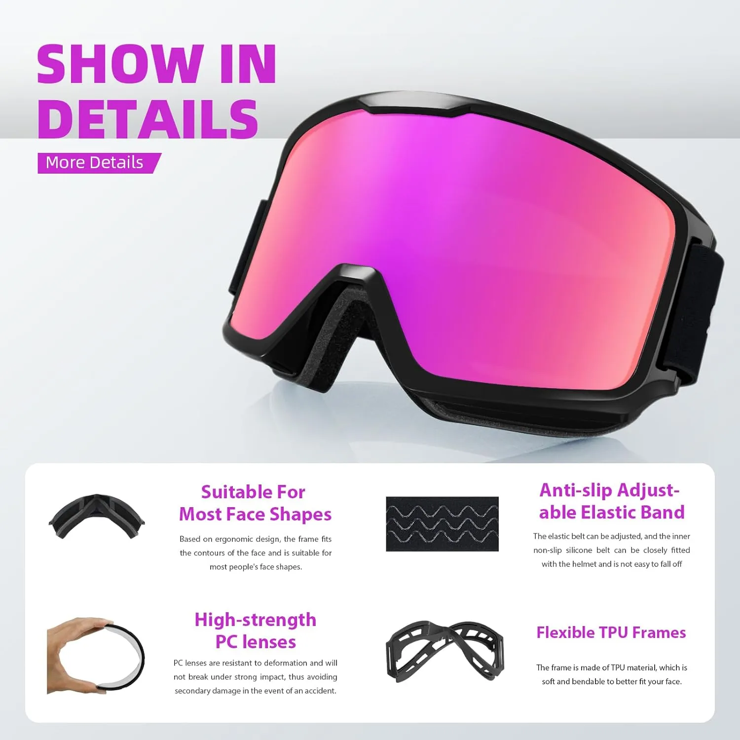Ski/Snowboard Goggles for Men, Women & Youth -OTG 100% UV Protection