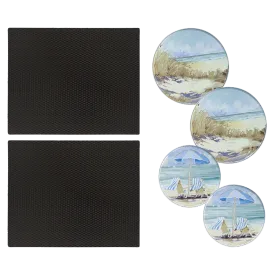 SM1417BLX25138 6 Piece Set: 2-Pack 14 x 17-Inch Black Matte Counter Mat and 4-Pack Seaside Retreat Burner Covers