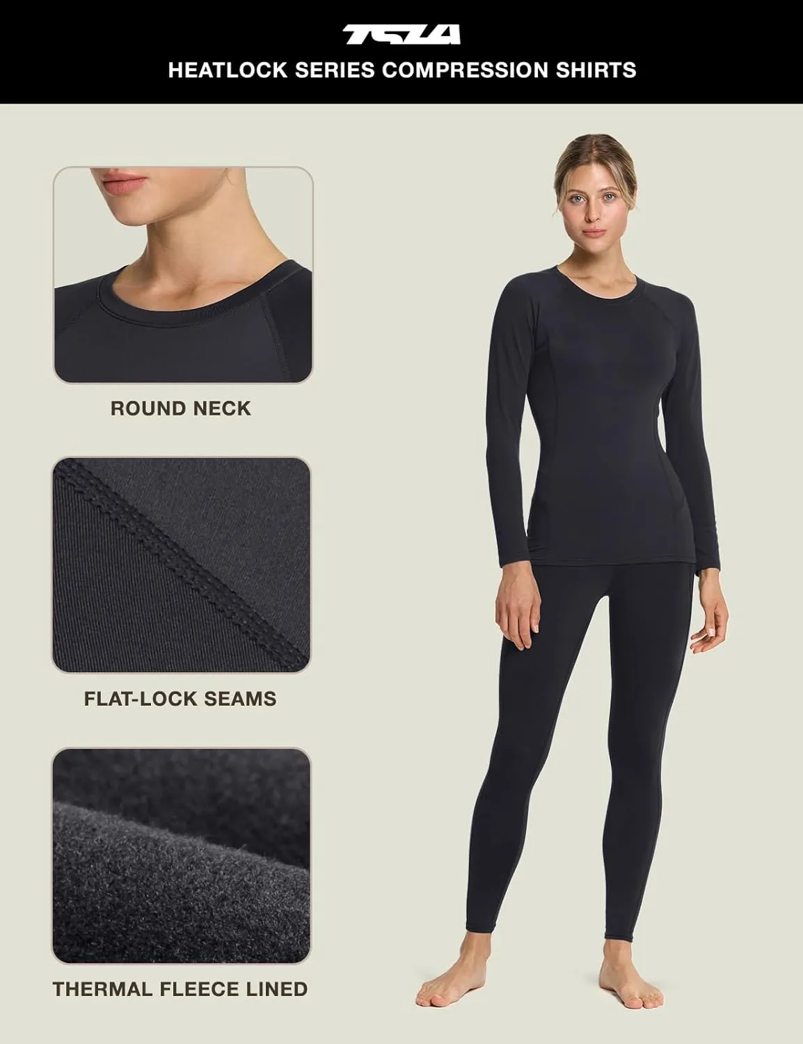TSLA Women's Thermal Long Sleeve Tops, Mock Turtle & Crew Neck Shirts, Fleece Lined Compression Base Layer