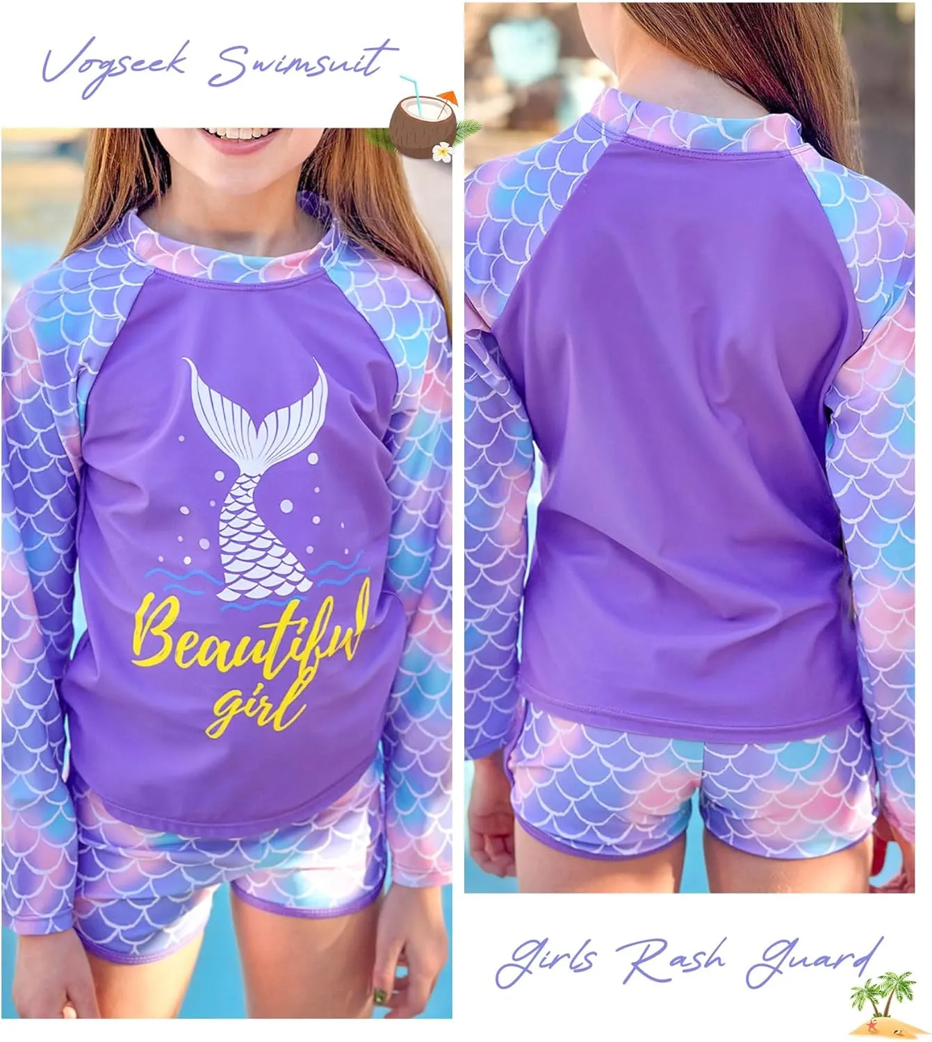 Vogseek 4-10T Girls Rashguard 2 Pieces Long Sleeve Swimsuit Swimwear with Shorts