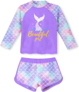 Vogseek 4-10T Girls Rashguard 2 Pieces Long Sleeve Swimsuit Swimwear with Shorts
