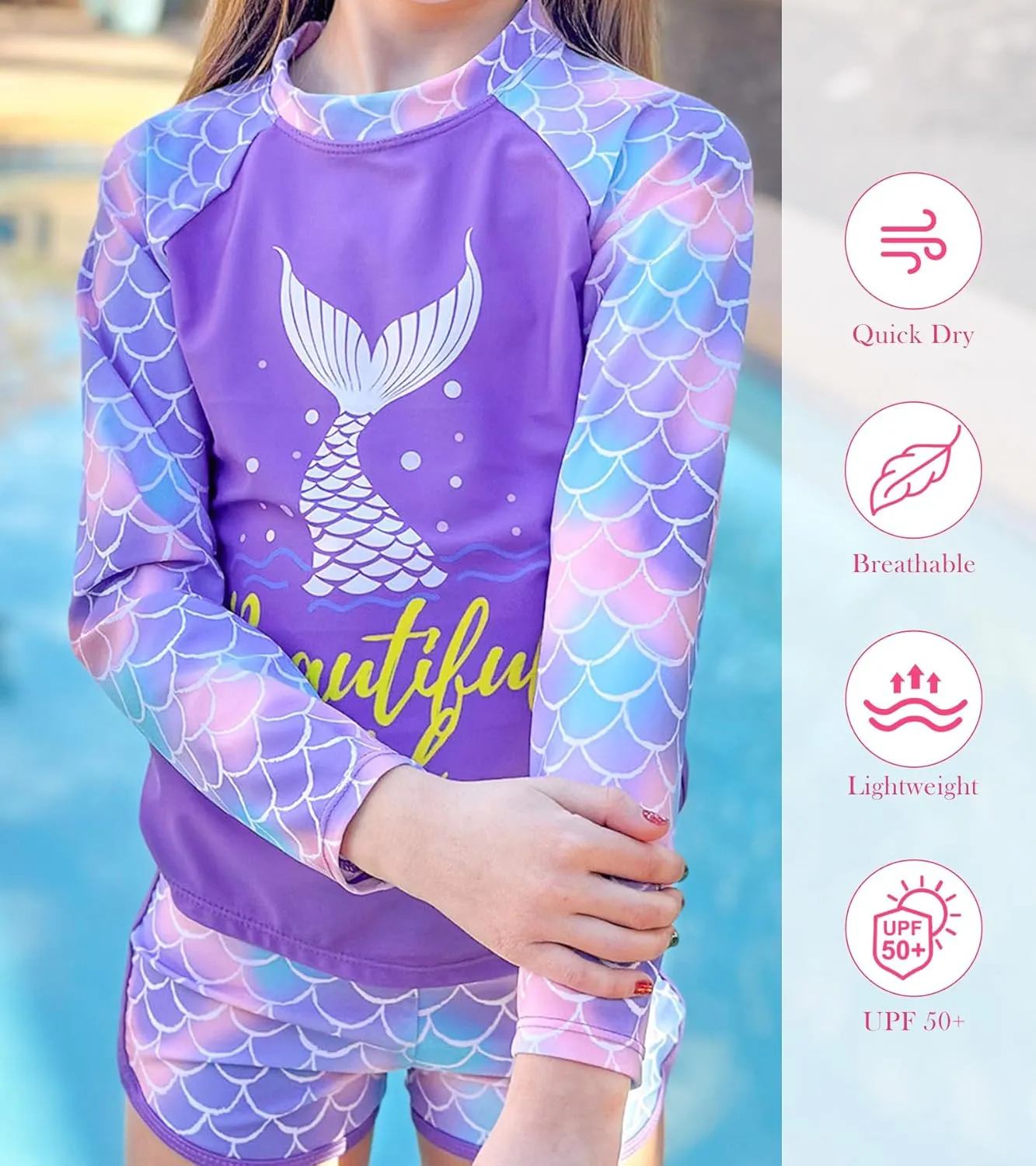 Vogseek 4-10T Girls Rashguard 2 Pieces Long Sleeve Swimsuit Swimwear with Shorts