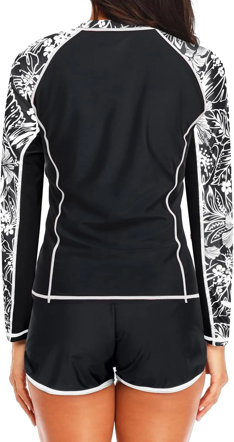 Women's Long Sleeves Rash Guard - 2 Piece Swimsuits with Built in Bra Swim Shirt and Shorts with Pockets