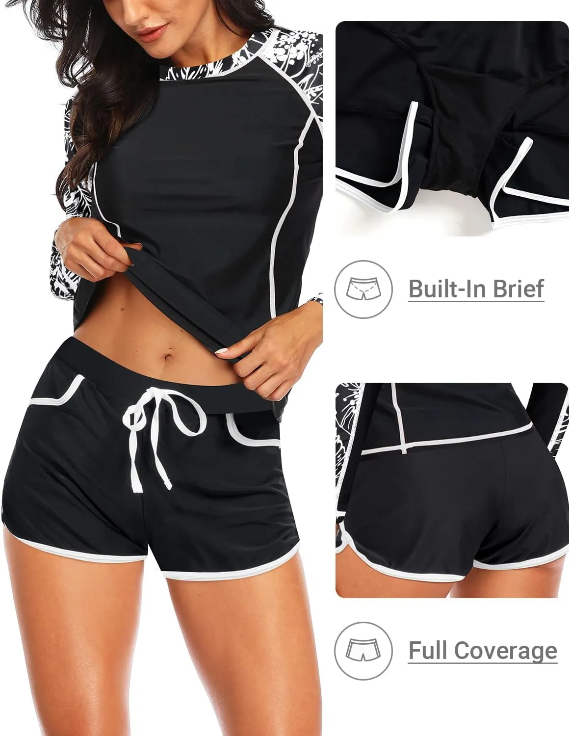 Women's Long Sleeves Rash Guard - 2 Piece Swimsuits with Built in Bra Swim Shirt and Shorts with Pockets